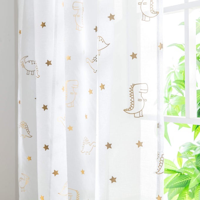 DINOSAUR SHEER CURTAINS FOR BOYS KIDS ROOM CUTE GOLD FOIL PRINT DINO WHITE CURTAINS 63 INCH LENGTH ROD POCKET LIGHT FILTERING VOILE WINDOW DRAPES FOR GIRLS NURSERY BEDROOM DECOR SET 2 PANELS 52X63