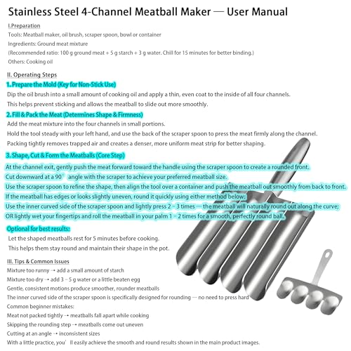 VEMJO 4in1 Meatball Maker Tool 304 Stainless Steel Meatball Scoop Mold Makes 4 Uniform Meatballs at Once Nonstick Release Dishwasher Safe for Pasta Soup Meal Prep Party Appetizers - Image 3