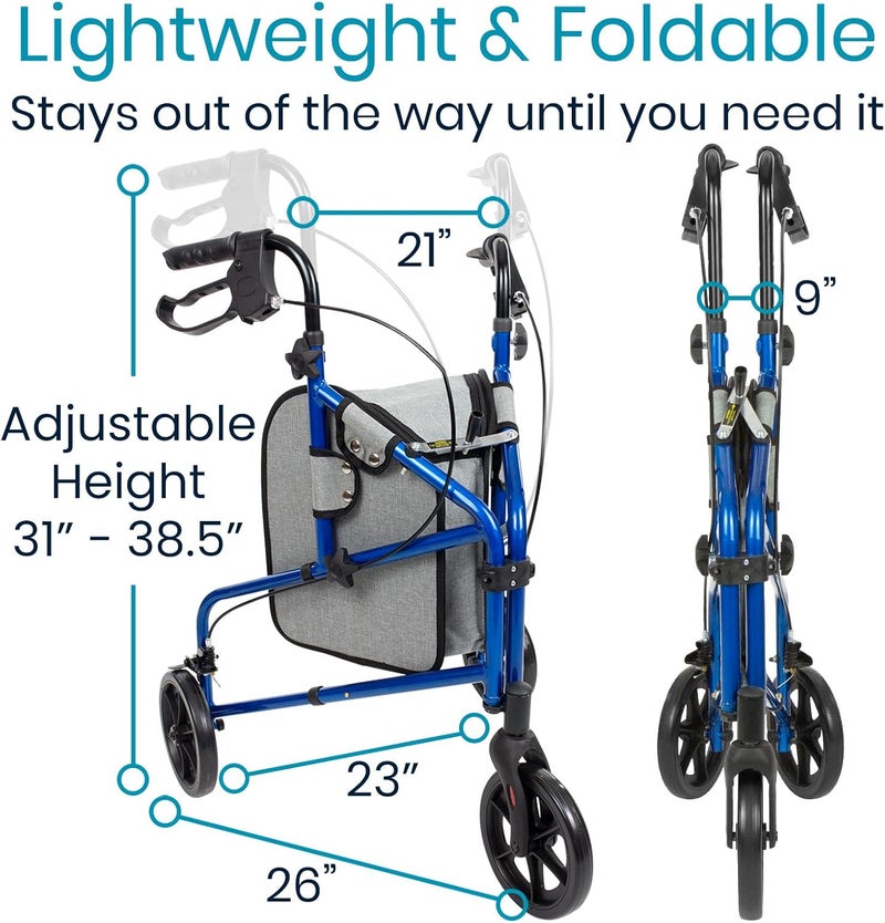 Vive Mobility 3 Wheel Walker - Three Wheeled Rollator for Seniors - Lightweight, Foldable, Narrow, Heavy Duty - for Elderly Men Women - Folding 3-Wheel Tri Scooter with Basket Bag - Image 3