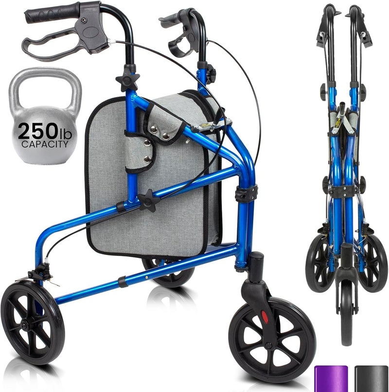 Vive Mobility 3 Wheel Walker - Three Wheeled Rollator for Seniors - Lightweight, Foldable, Narrow, Heavy Duty - for Elderly Men Women - Folding 3-Wheel Tri Scooter with Basket Bag - Image 1