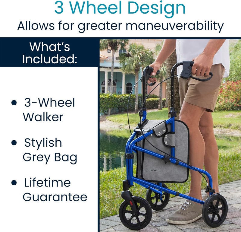 Vive Mobility 3 Wheel Walker - Three Wheeled Rollator for Seniors - Lightweight, Foldable, Narrow, Heavy Duty - for Elderly Men Women - Folding 3-Wheel Tri Scooter with Basket Bag - Image 2