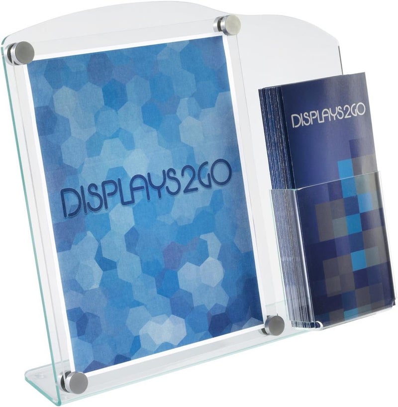 Displays2go Acrylic Sign Frame with Brochure Holder Displays 85x11 Graphics Literature Pocket for 4x9 Pamphlets Slant Back Sign Stand for Tabletop Use - Image 1