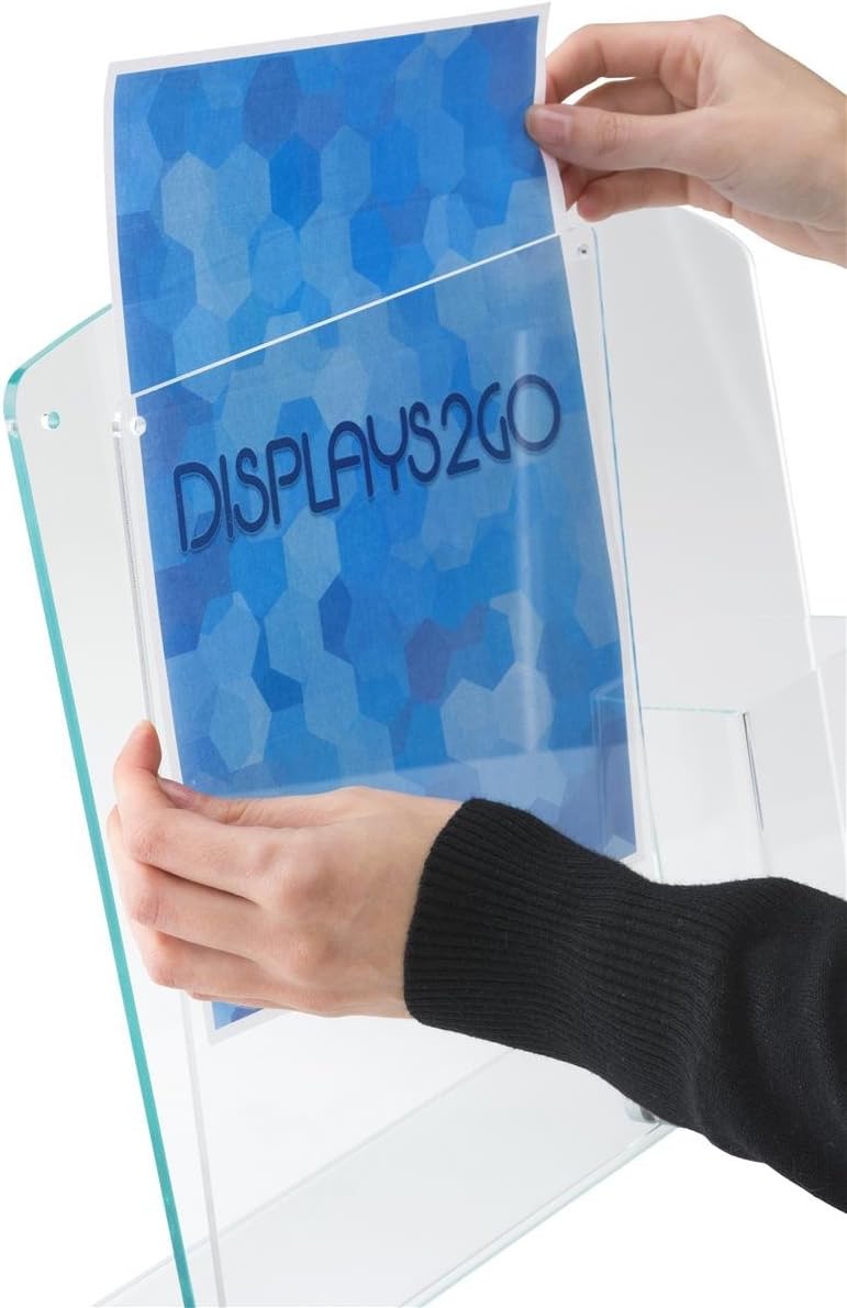 Displays2go Acrylic Sign Frame with Brochure Holder Displays 85x11 Graphics Literature Pocket for 4x9 Pamphlets Slant Back Sign Stand for Tabletop Use - Image 4