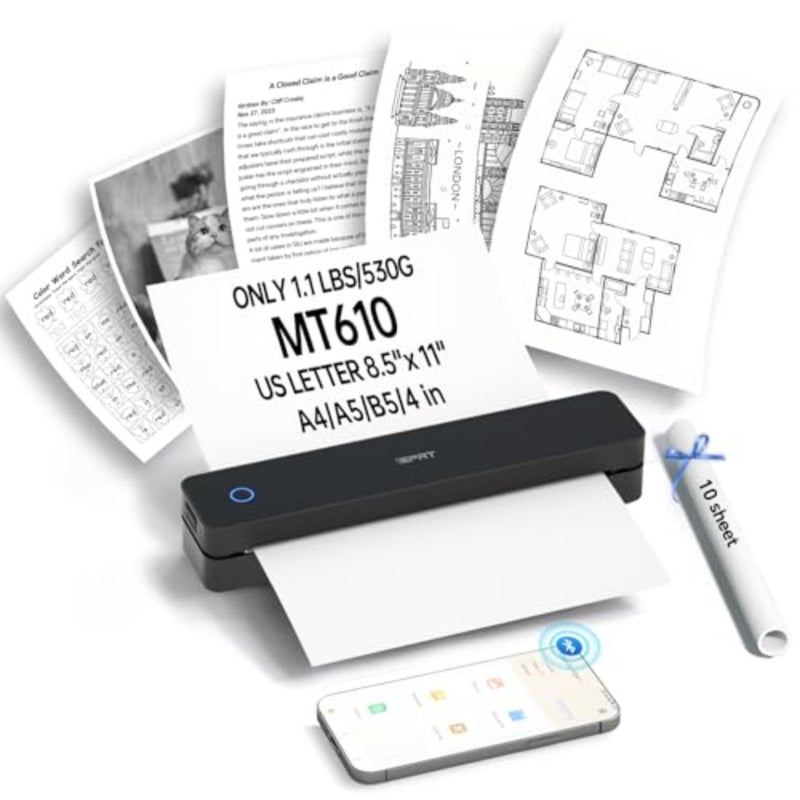 MT610 Portable Wireless Thermal Printer, A4, Bluetooth, Black - Image 1