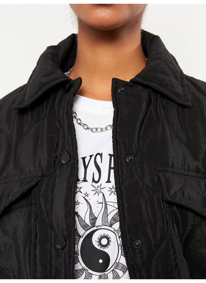 Shirt Neck Self Patterned Long Sleeve Women's Puffer