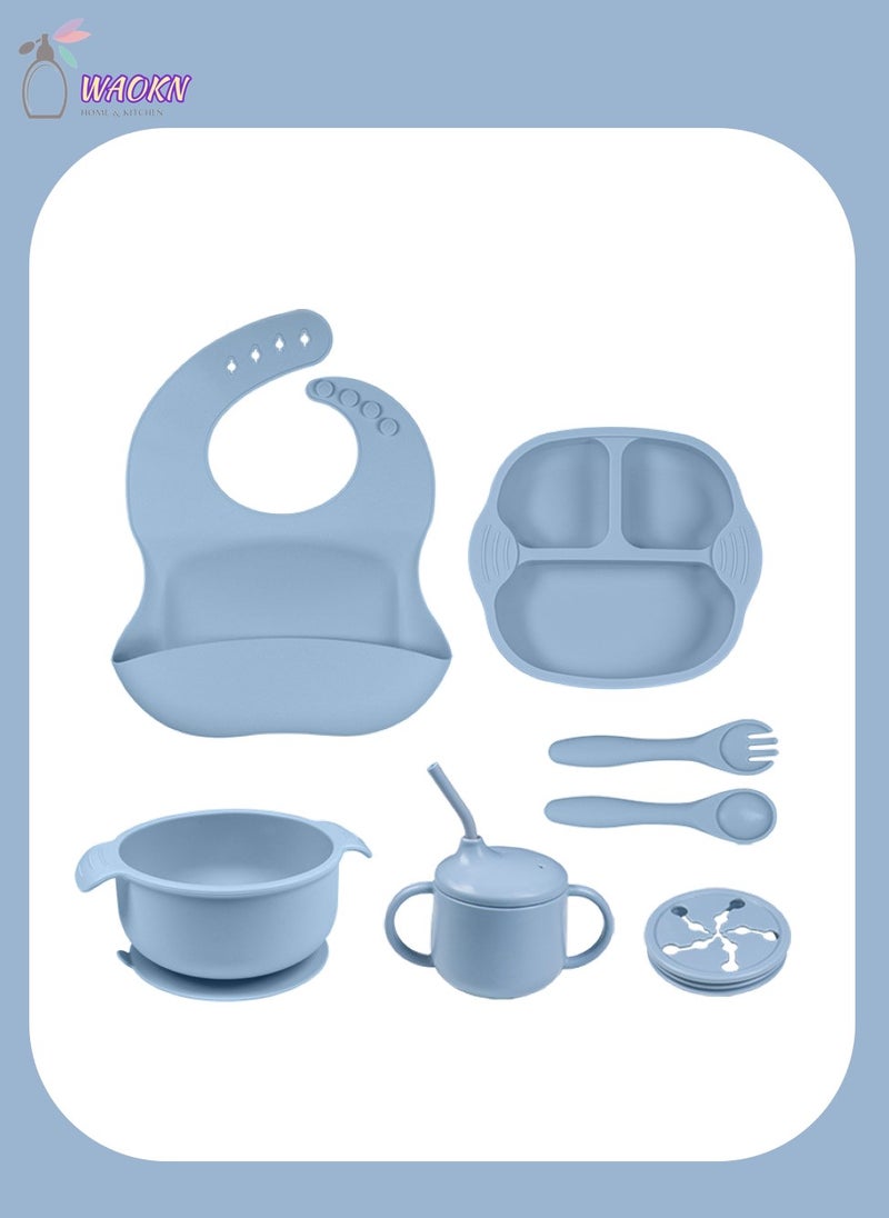 WAOKN 7-Piece Baby Silicone Tableware Set, Special For Infants To Eat Their Own Training Tableware Set, Including Dinner Plate, Complementary Food Bowl, Sippy Cup, Bib, Fork, Spoon, Snack Cover  - Image 1