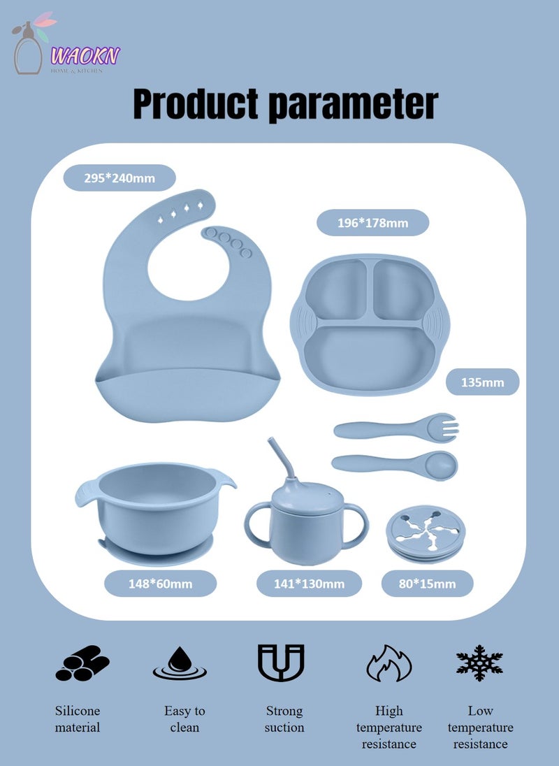 WAOKN 7-Piece Baby Silicone Tableware Set, Special For Infants To Eat Their Own Training Tableware Set, Including Dinner Plate, Complementary Food Bowl, Sippy Cup, Bib, Fork, Spoon, Snack Cover  - Image 2