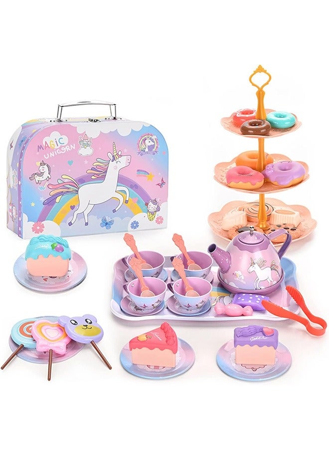 joyzzz مجموعة الشاي للفتيات الصغيرات، هدية عيد ميلاد للأعمار 3 4 5 6 سنوات، ألعاب الأطفال الصغار مجموعة حفلات الشاي للفتيات الصغيرات، لعبة التظاهر بالمطبخ للأميرات مع مجموعة شاي القصدير - Image 1