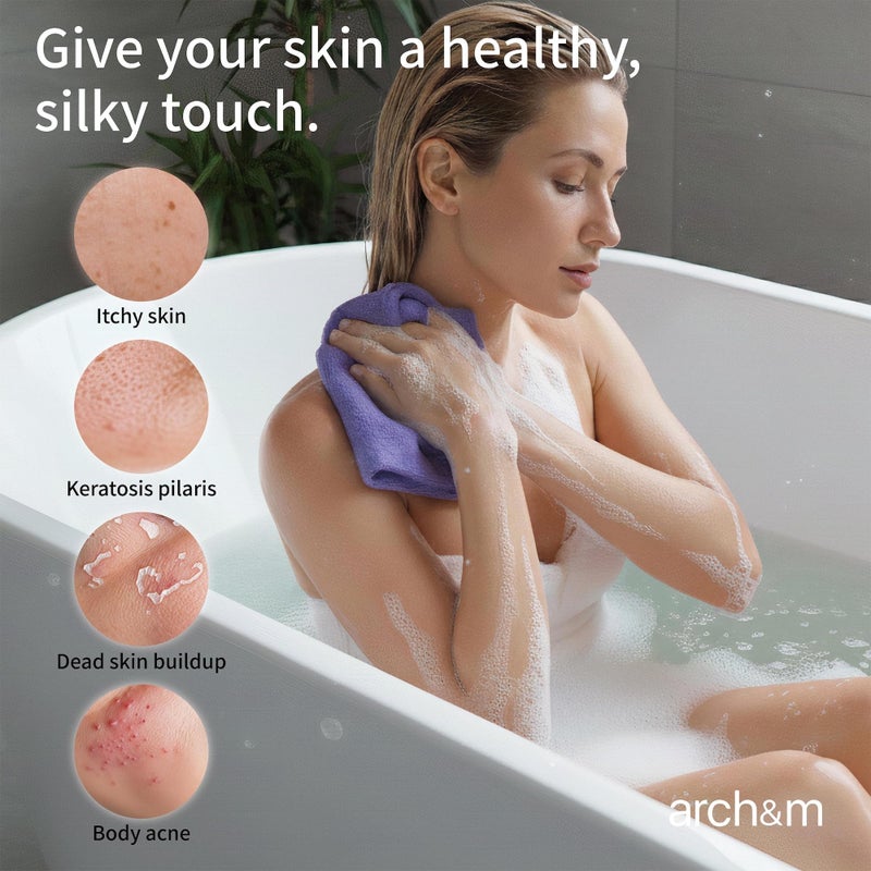 ARCH&M Exfoliating Body Towel (3 Pack) for Glowing, Silky-Smooth Skin - Japanese Beauty Washcloth for Deep Exfoliation & Improved Circulation in the Shower (Blue x 3) - Image 3
