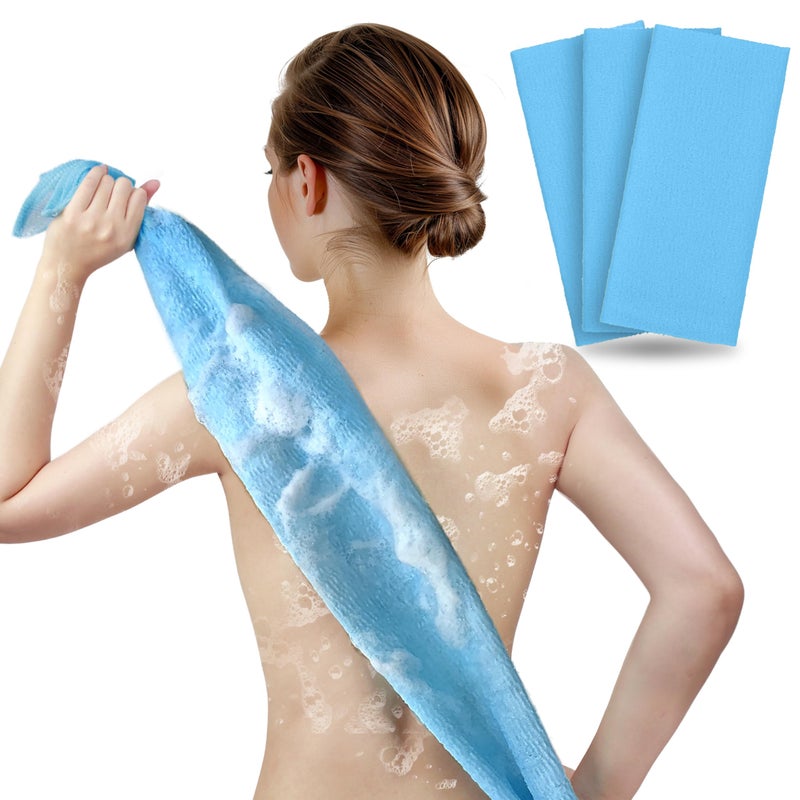 ARCH&M Exfoliating Body Towel (3 Pack) for Glowing, Silky-Smooth Skin - Japanese Beauty Washcloth for Deep Exfoliation & Improved Circulation in the Shower (Blue x 3) - Image 1