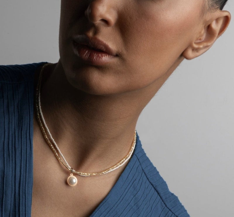 Minza “Elena” Women’s Necklace, Pure 18K Gold Circle Pendant with Pearl & Czech Beads, Handmade Adjustable Necklace for Women, Jewelry for Casual & Special Occasion. - Image 2