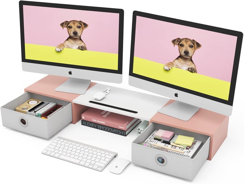 WESTREE Dual Monitor Stand Riser with Two Drawers, Extra Large Storage Monitor Stand for 2 Monitors, Desktop Oraganizer Stand for Computer,Laptop,Screen,Printer,TV - Image 1