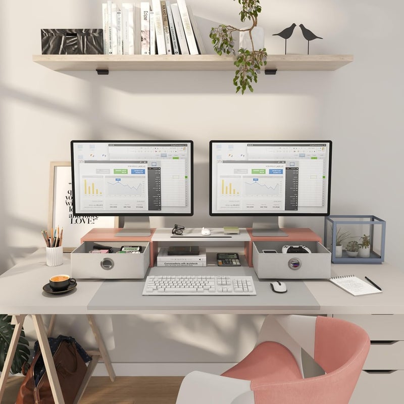 WESTREE Dual Monitor Stand Riser with Two Drawers, Extra Large Storage Monitor Stand for 2 Monitors, Desktop Oraganizer Stand for Computer,Laptop,Screen,Printer,TV - Image 3
