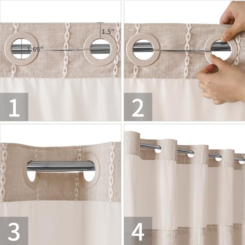 eachope Boho Farmhouse No Hook Shower Curtain Set with Snap-in Fabric Liner,Heavy-Duty Linen Textured Rustic Striped Design,Water-Repellent with Tassels and Sheer Window,Tan/Taupe,71x74 - Image 5