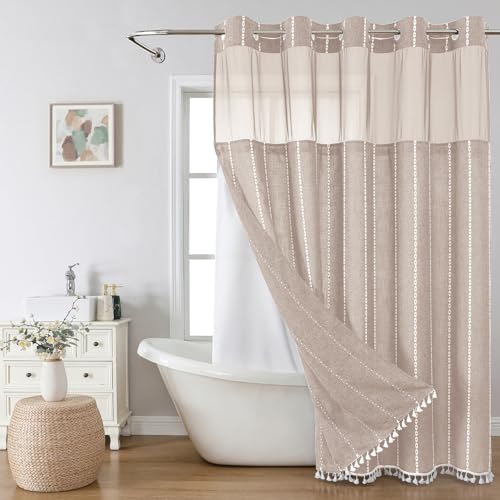 eachope Boho Farmhouse No Hook Shower Curtain Set with Snap-in Fabric Liner,Heavy-Duty Linen Textured Rustic Striped Design,Water-Repellent with Tassels and Sheer Window,Tan/Taupe,71x74 - Image 1