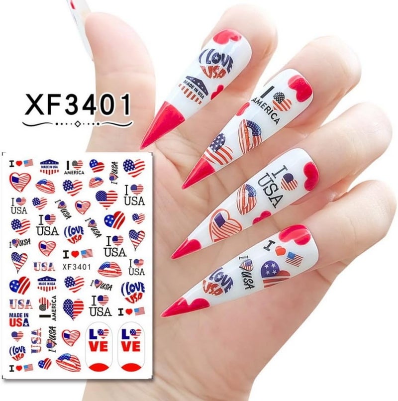 Sevgob 4th of July Nail Stickers Patriotic American Flag Nail Decals Red White Blue Star USA Heart Nail Designs Memorial Day Nails Supplies Colorful Flag Letter Decals Stickers for Women DIY Manicure 8Sheets - Image 3