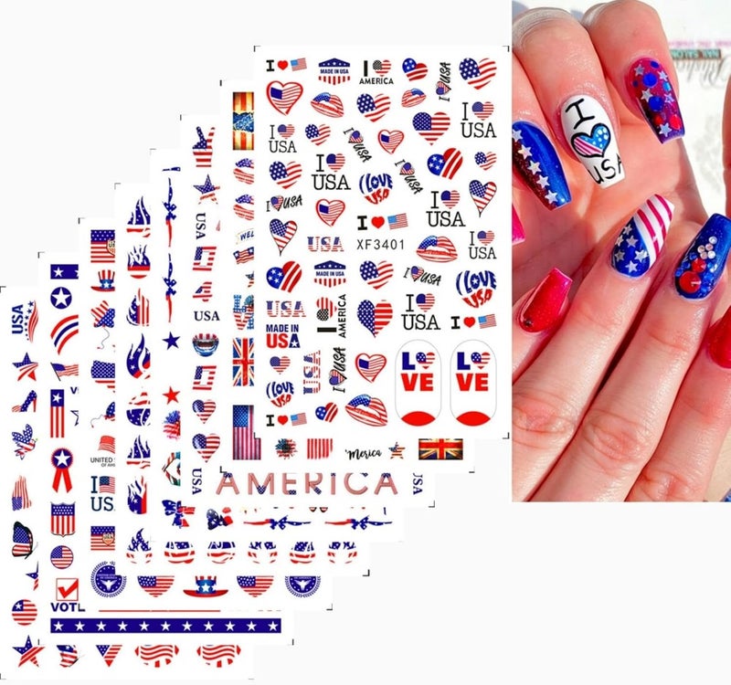 Sevgob 4th of July Nail Stickers Patriotic American Flag Nail Decals Red White Blue Star USA Heart Nail Designs Memorial Day Nails Supplies Colorful Flag Letter Decals Stickers for Women DIY Manicure 8Sheets - Image 1