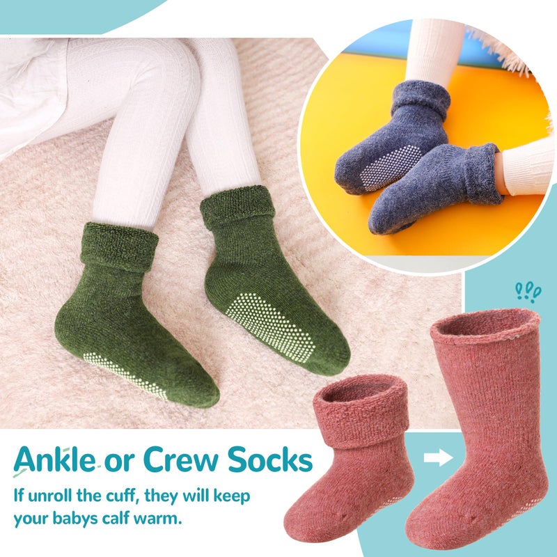 Eocom 6 Pairs Baby Boy Girl Non Slip Socks Child Toddler Winter Thick Soft Wool Kids Warm Socks with Grips (Solid Color B, 1-3T) - Image 4