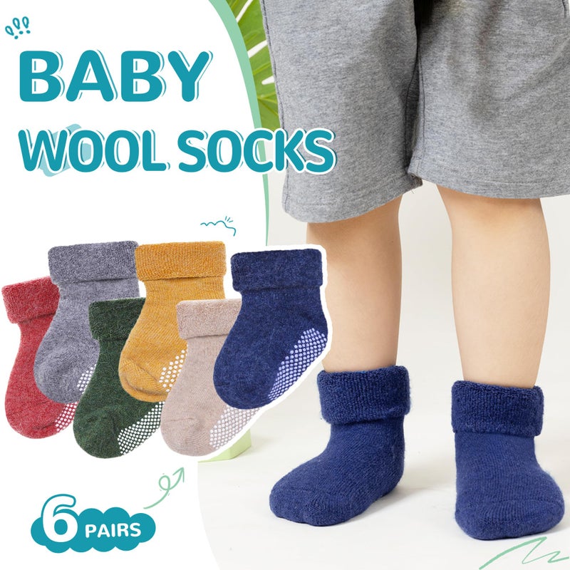 Eocom 6 Pairs Baby Boy Girl Non Slip Socks Child Toddler Winter Thick Soft Wool Kids Warm Socks with Grips (Solid Color B, 1-3T) - Image 3