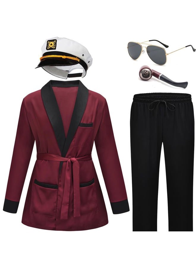 EFORLED Halloween Captain Robe, Red Jacket Silk Pants,Captain Hat and Pipe Halloween Costumes Accessories for Men,M - Image 1