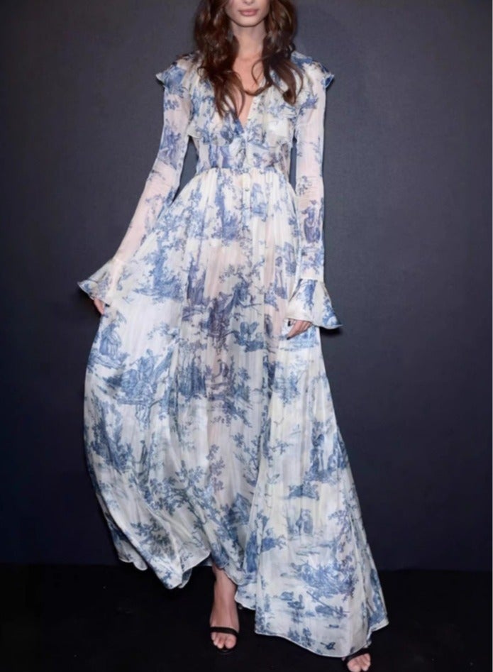 Meilun V - Neck Bell - Sleeve Maxi Dress with All - Over Print Design  - Image 1