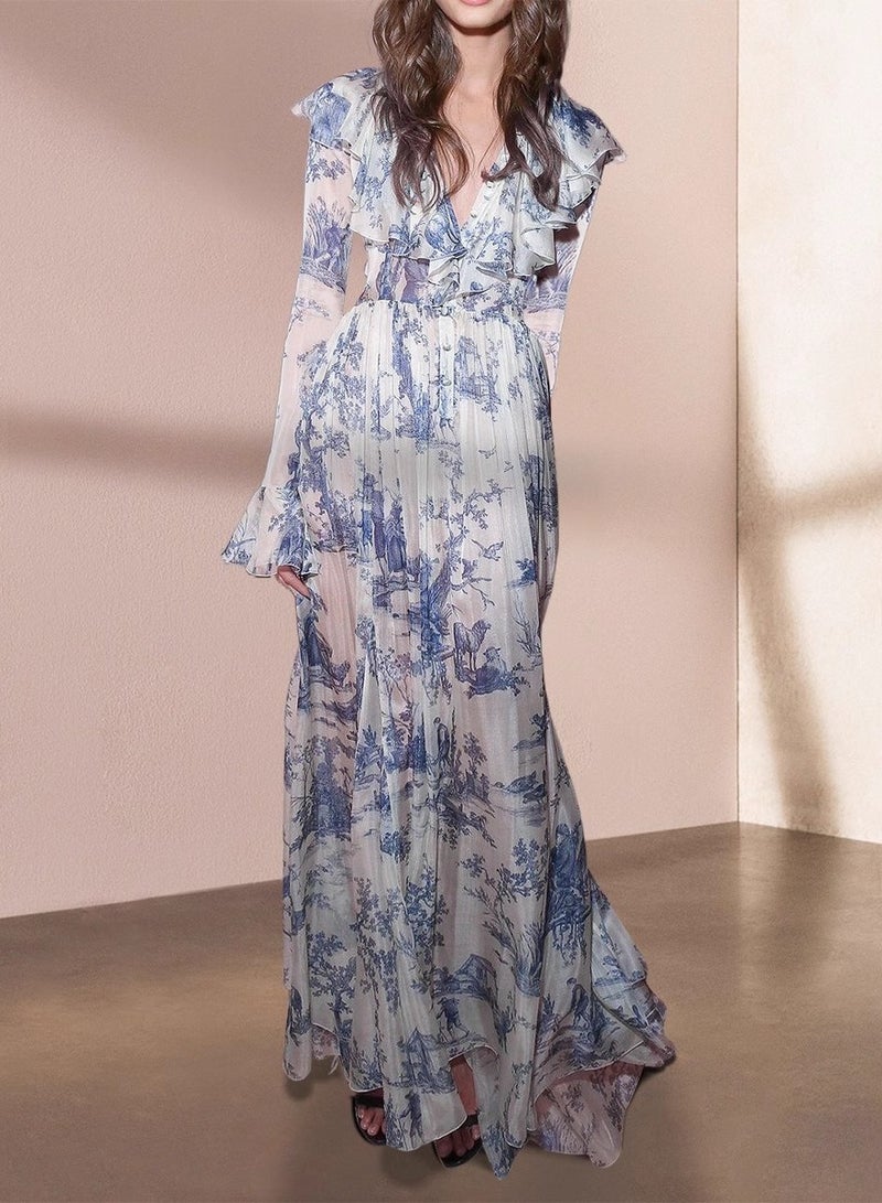 Meilun V - Neck Bell - Sleeve Maxi Dress with All - Over Print Design  - Image 2