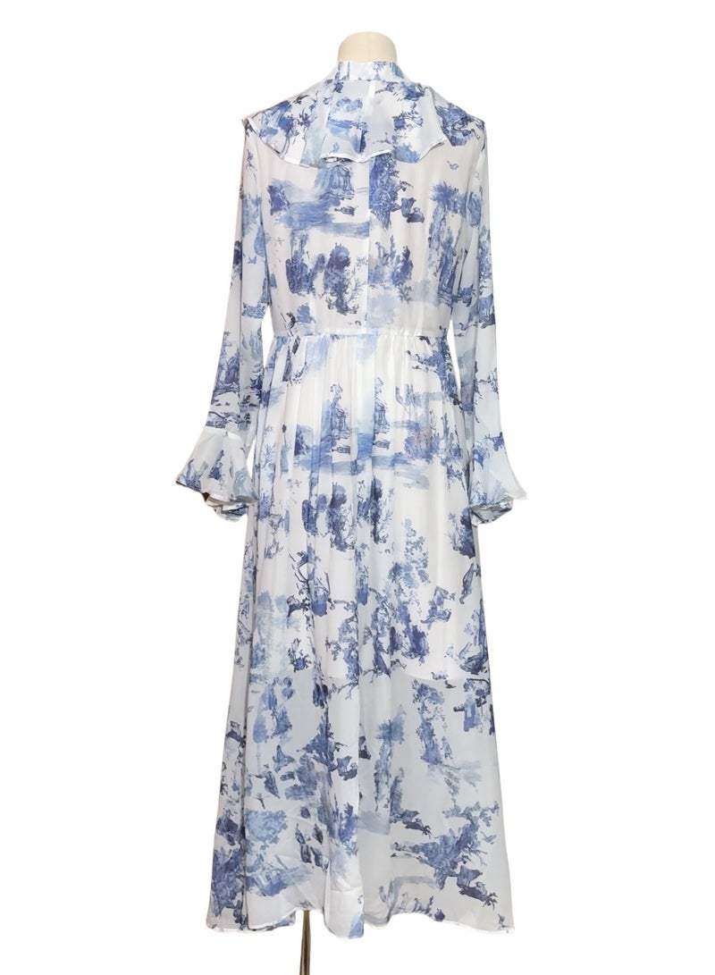 Meilun V - Neck Bell - Sleeve Maxi Dress with All - Over Print Design  - Image 4