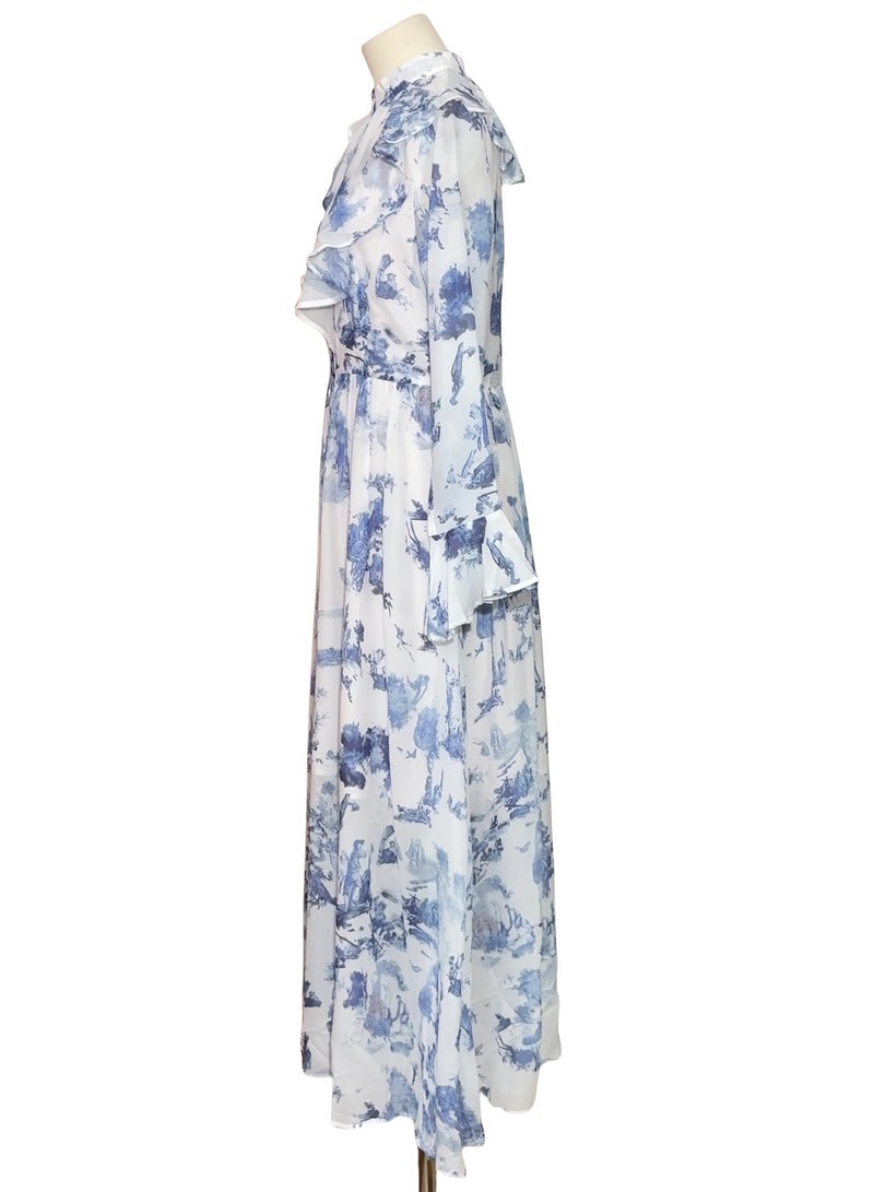 Meilun V - Neck Bell - Sleeve Maxi Dress with All - Over Print Design  - Image 5