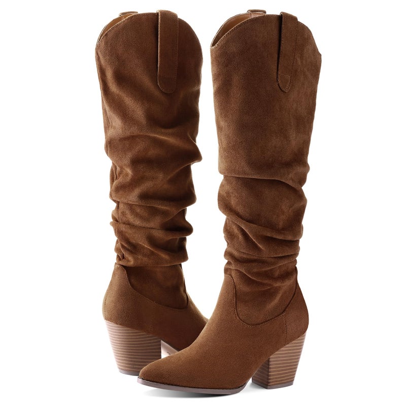 mysoft Women's Cowboy Knee-High Boots Pointed Toe Mid Chunky Heel Pull On Slouchy Boots with Zippers - Image 3