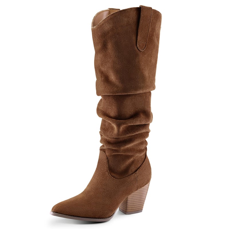 mysoft Women's Cowboy Knee-High Boots Pointed Toe Mid Chunky Heel Pull On Slouchy Boots with Zippers - Image 1