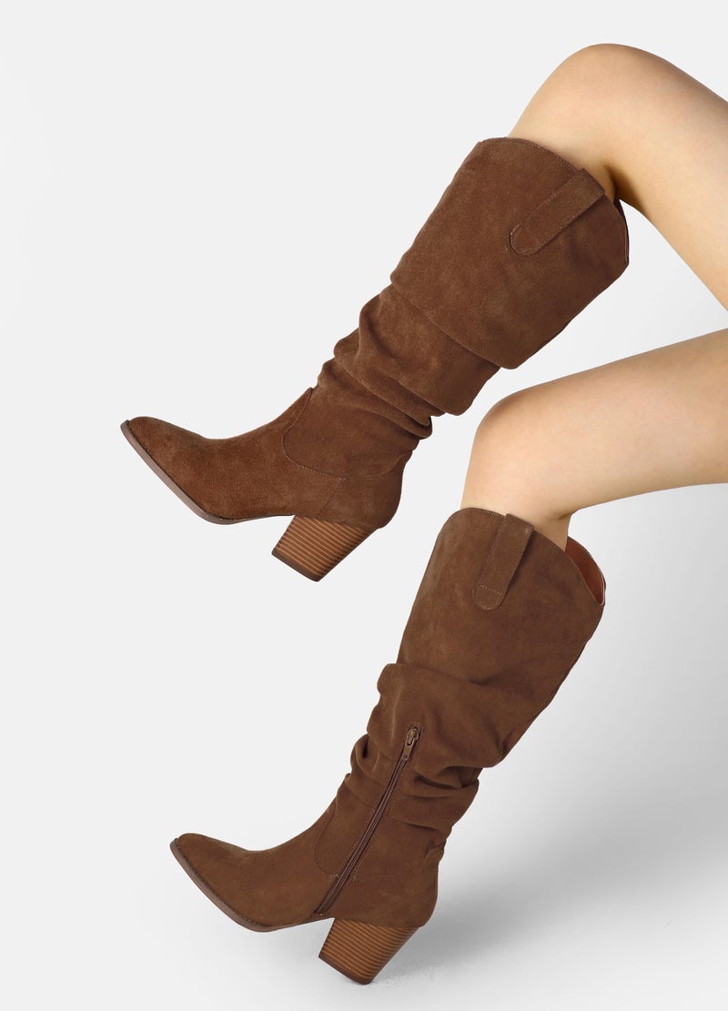 mysoft Women's Cowboy Knee-High Boots Pointed Toe Mid Chunky Heel Pull On Slouchy Boots with Zippers - Image 2
