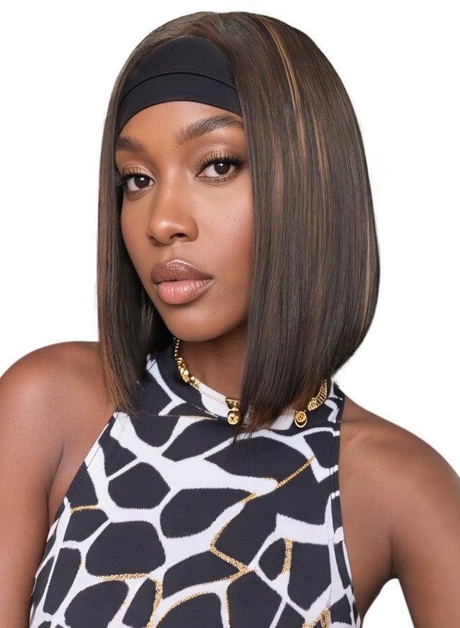 QUEENTAS 14" Straight Bob Headband Wig for Black Women, Glueless Wear and Go Synthetic Half Wig, No Lace Shoulder Length, #4/27 Brown with Honey Blonde Highlight - Image 1