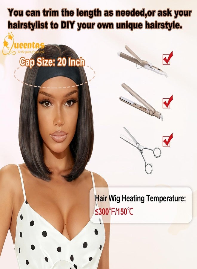 QUEENTAS 14" Straight Bob Headband Wig for Black Women, Glueless Wear and Go Synthetic Half Wig, No Lace Shoulder Length, #4/27 Brown with Honey Blonde Highlight - Image 4