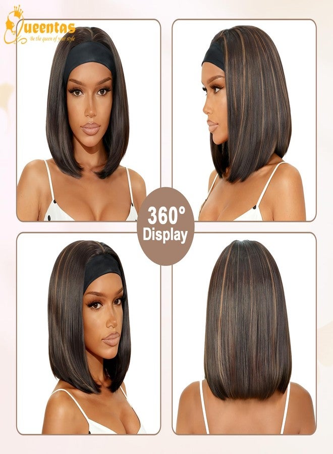 QUEENTAS 14" Straight Bob Headband Wig for Black Women, Glueless Wear and Go Synthetic Half Wig, No Lace Shoulder Length, #4/27 Brown with Honey Blonde Highlight - Image 3