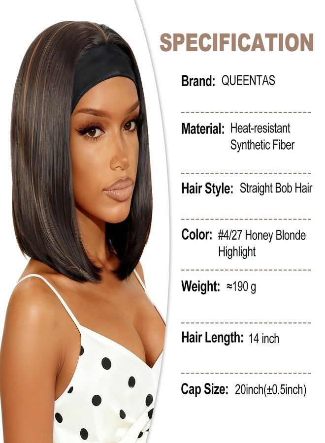 QUEENTAS 14" Straight Bob Headband Wig for Black Women, Glueless Wear and Go Synthetic Half Wig, No Lace Shoulder Length, #4/27 Brown with Honey Blonde Highlight - Image 2