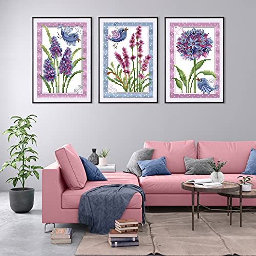CROSSDECOR Stamped Cross Stitch Kits Full Range of Easy Patterns Embroidery Starter Kits for Adults，Printed Cross-Stitch Kits for Home Decor DIY 11CT 3 Strands-Birds and flowers，24x10.2 inch - Image 2