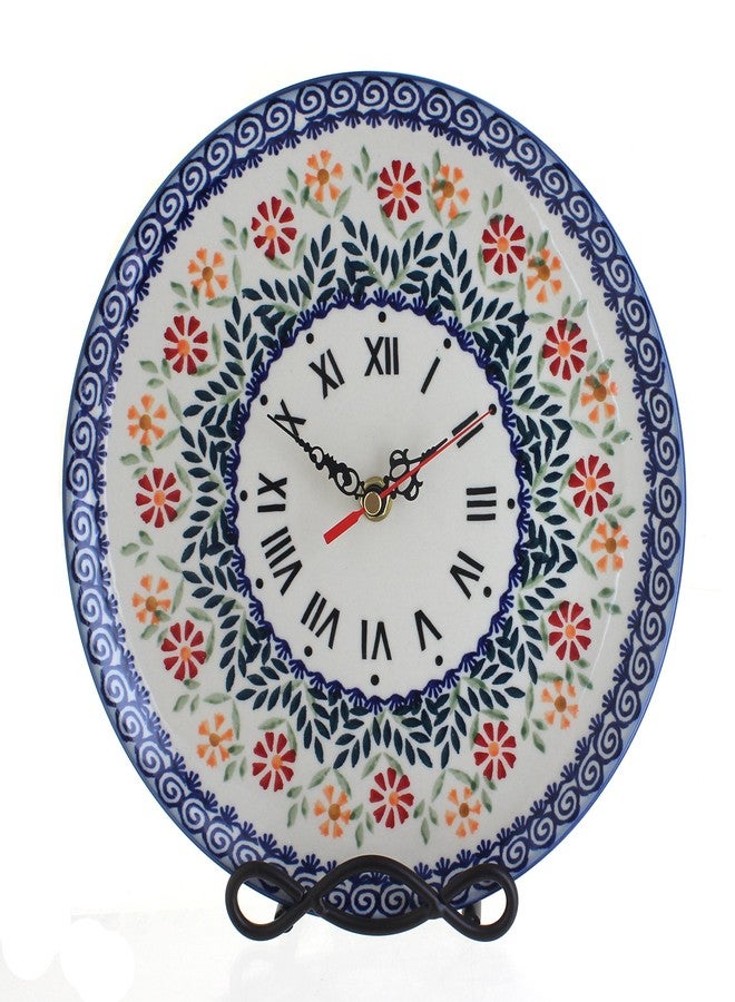 Blue Rose Pottery ساعة من الخزف البولندي "بلو روز" - بتصميم باقة زهور برتقالية - قطر 10 بوصات - قطعة ديكور مثالية للمطبخ أو غرفة المعيشة، قطعة ديكور منزلية مميزة. - Image 1