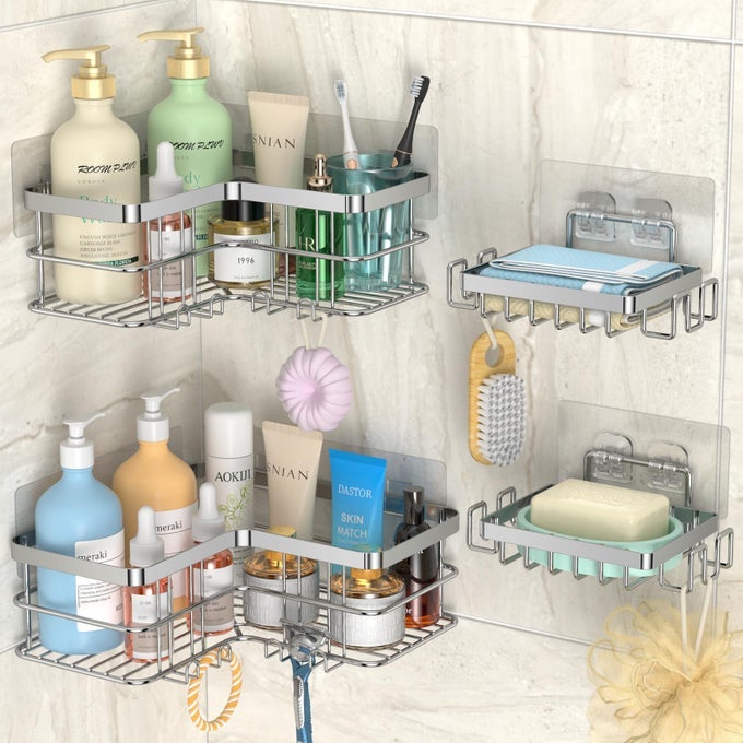 CORNER SHOWER CADDY 4PACK ADHESIVE SHOWER SHELVES WITH SOAP HOLDER NO DRILLING RUSTPROOF BATHROOM SHOWER ORGANIZER STORAGE SILVER