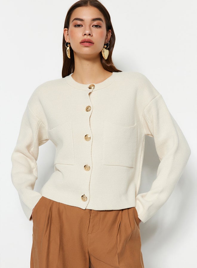 trendyol Ecru Button Detailed Jacket-Looking Knitwear Cardigan - Image 2