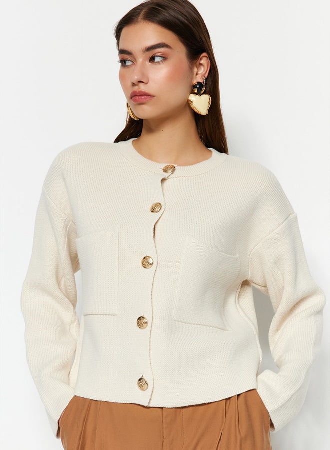 trendyol Ecru Button Detailed Jacket-Looking Knitwear Cardigan - Image 1