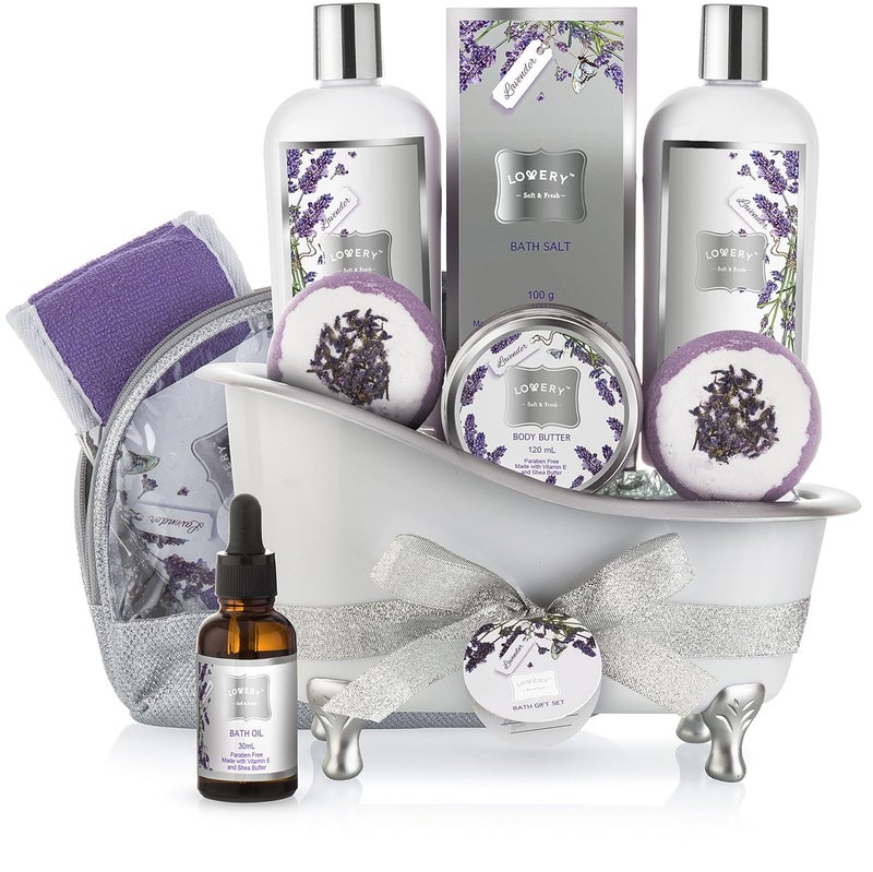 LOVERY Bath Gift Basket Set for Women Relaxing at Home Spa Kit Scented  Lavender and Jasmine with Large Bath Bombs Salts Shower Gel Body Butter Lotion Bath Oil Bubble Bath Loofah  More