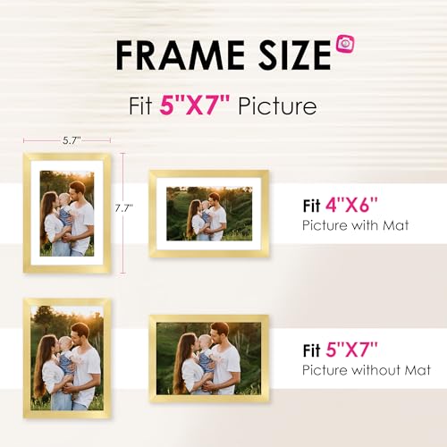 FIXSMITH 5x7 Picture Frame Set of 2, Gold Picture Frames Collage for Tabletop or Wall Display, Photo Frame with HD Plexiglass, Display Pictures 4x6 with Mat or 5x7 Without Mat - Image 2