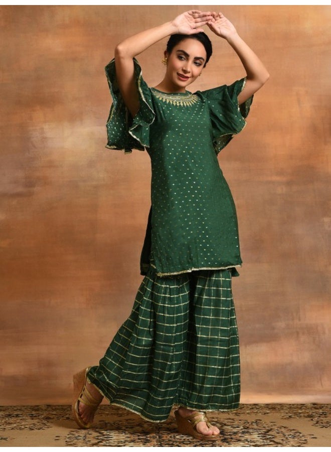 AKS Dark Green Dobby Design With Embroidered Kurta & Sharara Set  - Image 4