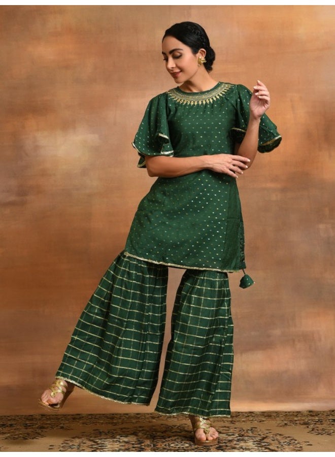 AKS Dark Green Dobby Design With Embroidered Kurta & Sharara Set  - Image 1