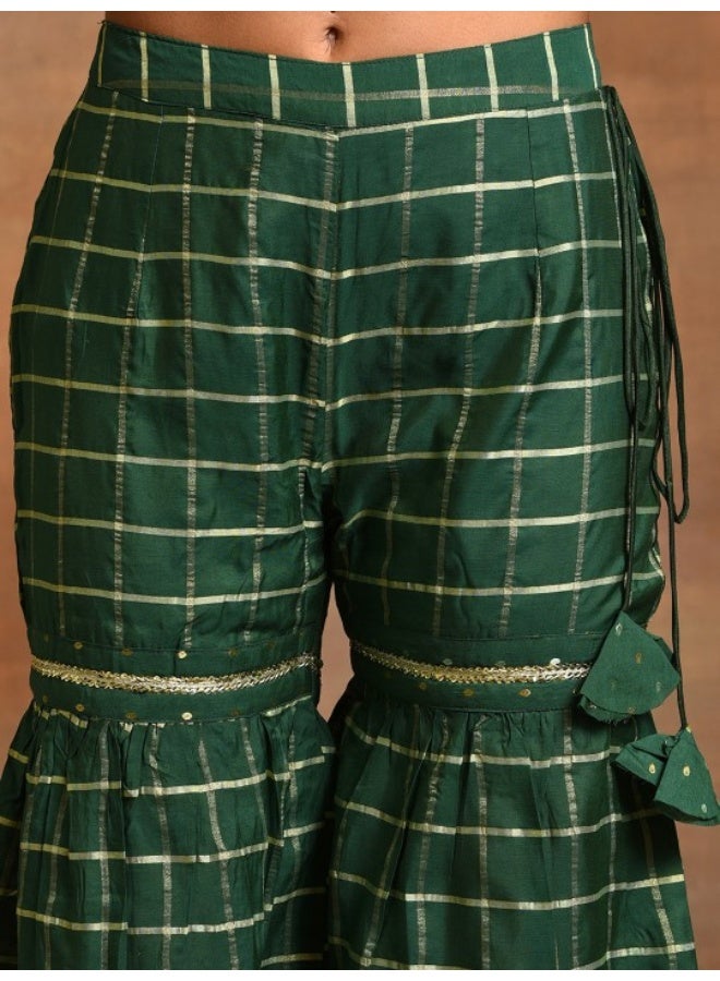 AKS Dark Green Dobby Design With Embroidered Kurta & Sharara Set  - Image 3