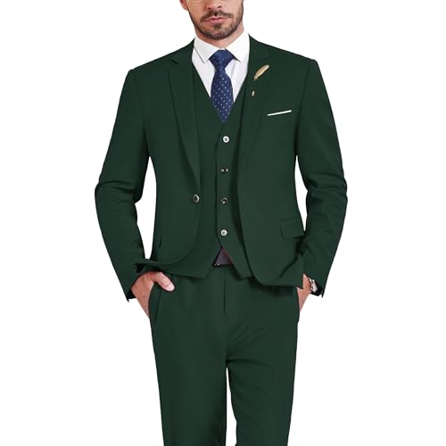 MrSure Men's 3 Piece Suit Blazer, Slim Fit Tux with One Button, Jacket Vest Pants & Tie Set for Party, Wedding and Business Deep Green - Image 1