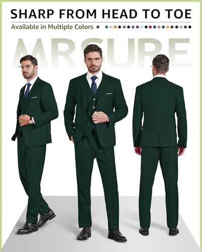 MrSure Men's 3 Piece Suit Blazer, Slim Fit Tux with One Button, Jacket Vest Pants & Tie Set for Party, Wedding and Business Deep Green - Image 2