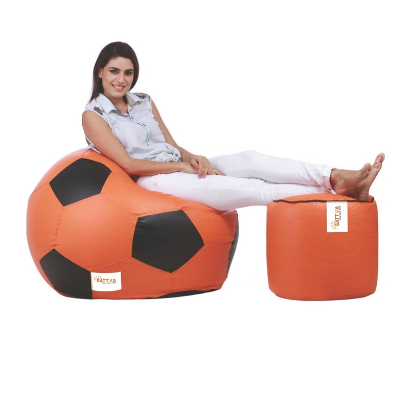 SATTVA Classy.Elegant.Stylish SATTVA ClassyElegantStylish Football Bean Bag Cover and Round Footstool Cover Without Beans Combo Orange with Black Piping  - Image 3