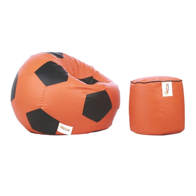 SATTVA Classy.Elegant.Stylish SATTVA ClassyElegantStylish Football Bean Bag Cover and Round Footstool Cover Without Beans Combo Orange with Black Piping  - Image 2