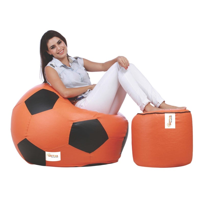 SATTVA Classy.Elegant.Stylish SATTVA ClassyElegantStylish Football Bean Bag Cover and Round Footstool Cover Without Beans Combo Orange with Black Piping  - Image 4